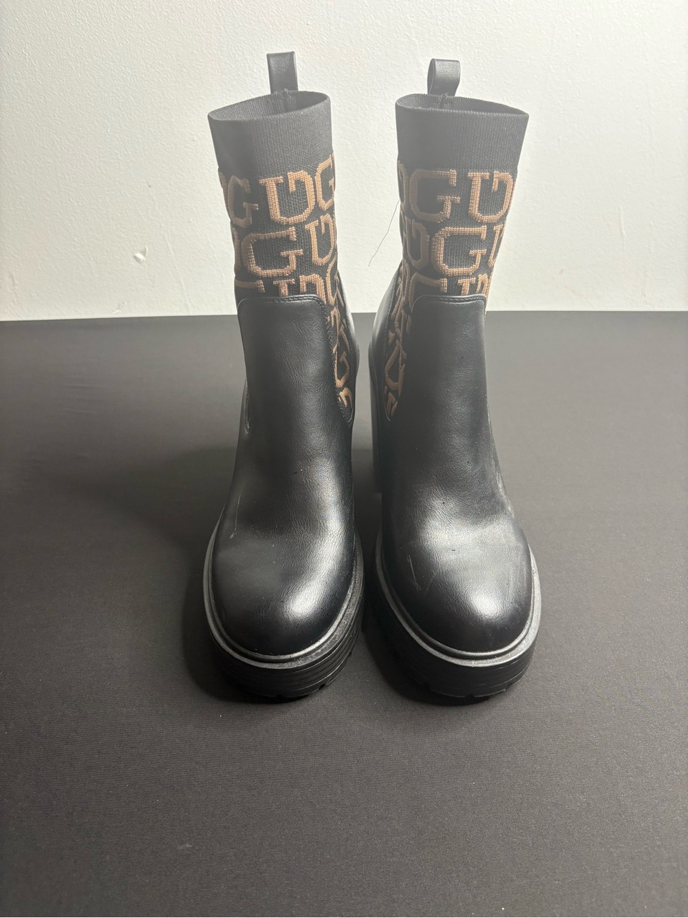 Guess Black Leather Sock Chelsea Boots with Beige Logo Knit Shaft